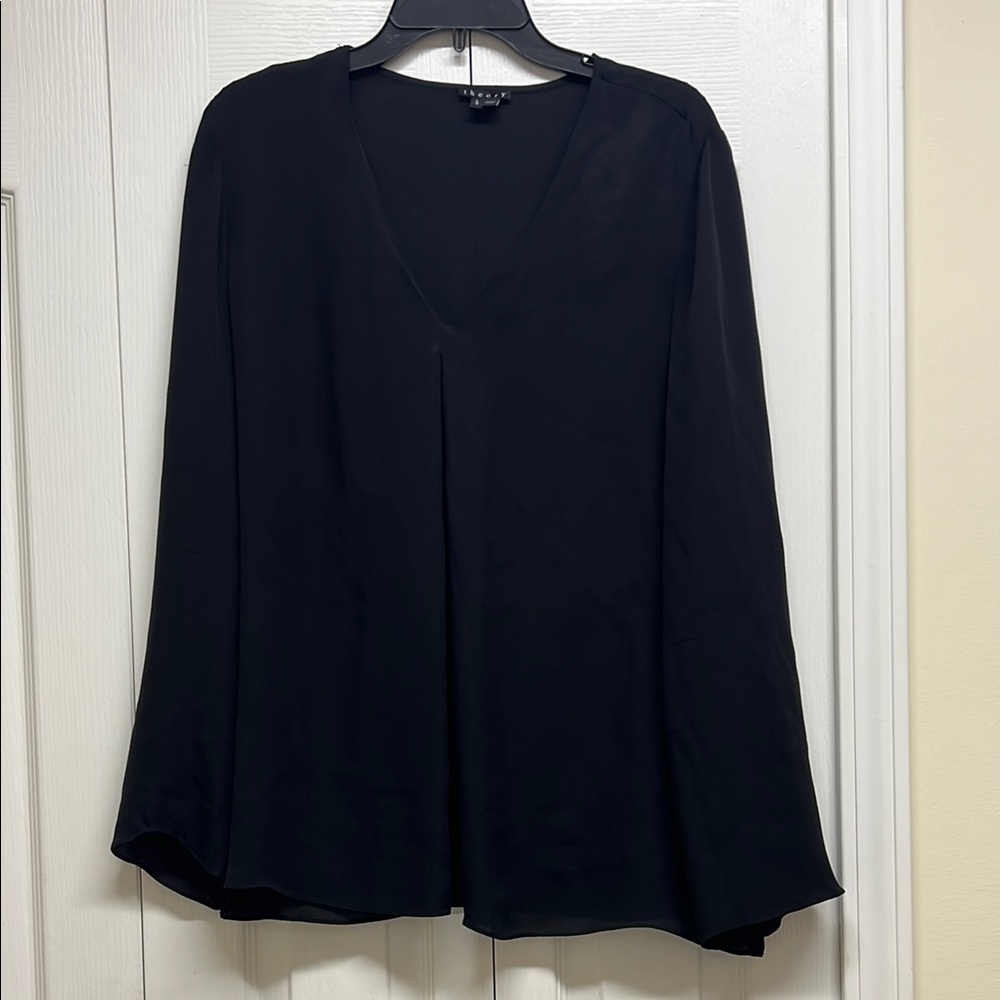 Theory Black Sheer Boxy Long Sleeve Blouse Size Large